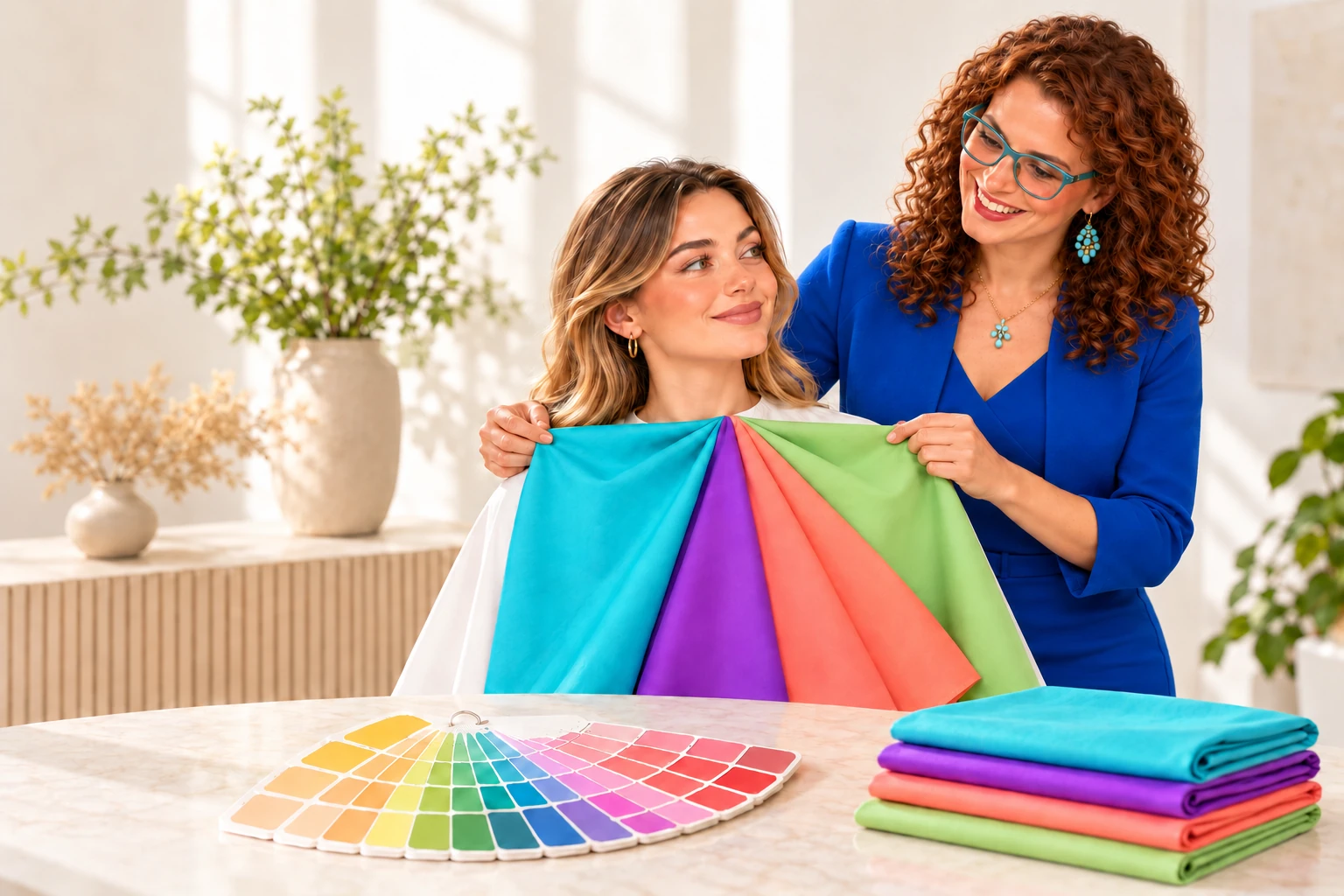 A Tince consultation comparing bright color drapes