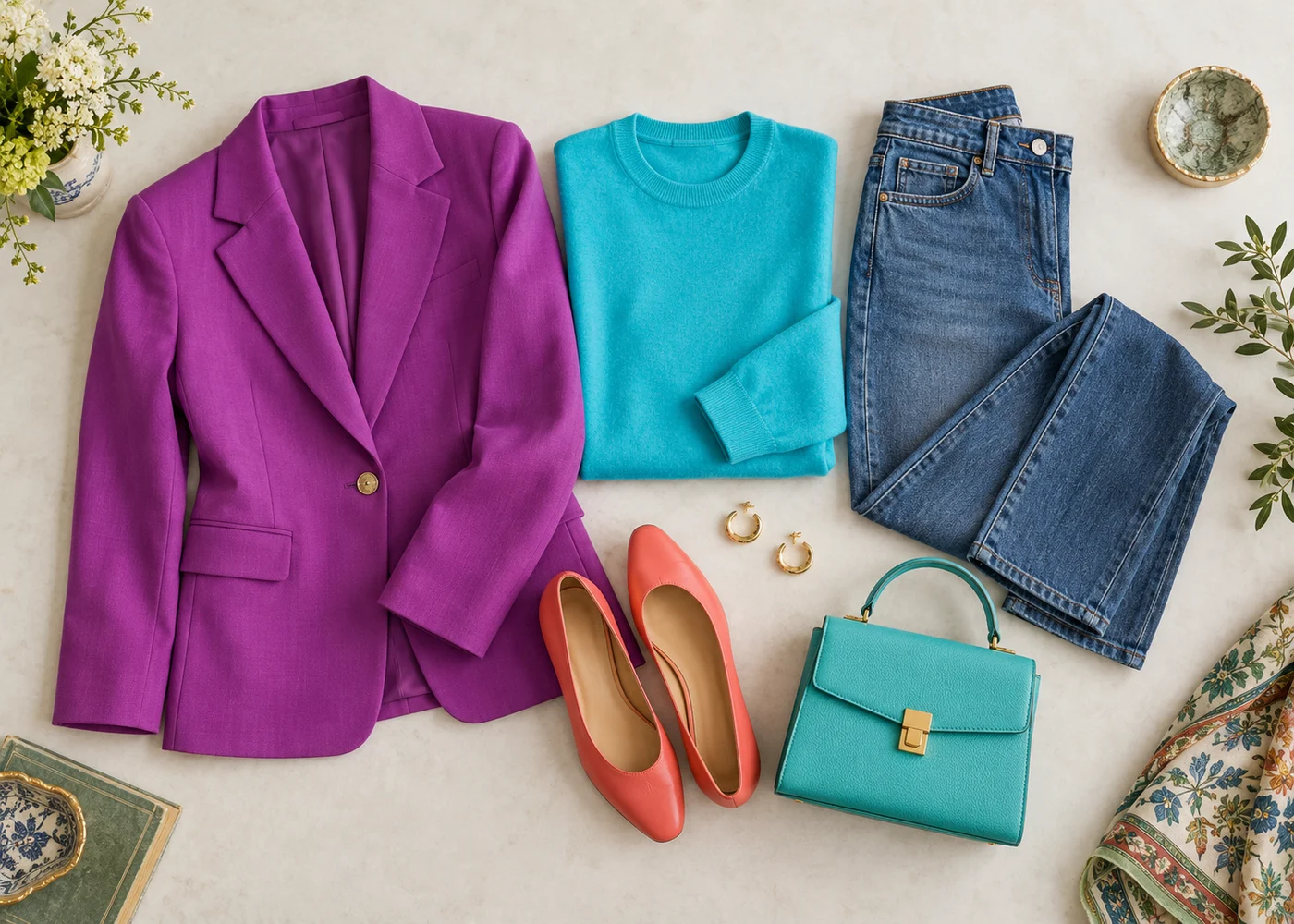Purple and turquoise outfit with jeans and coral flats